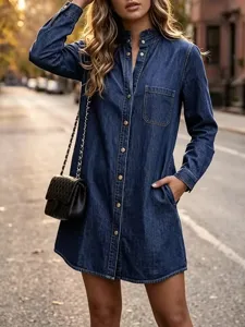 Detailed shot of women's autumn denim shirt dress with ruffled mock neck, long sleeves, and pockets.