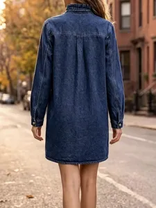 Back detail of the autumn women's long sleeve denim shirt dress with ruffle stand collar.