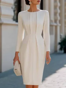 Detailed view of elegant off-white pleated long sleeve midi dress with slim fit waist.