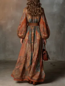 Boho paisley print maxi dress back view, long bishop sleeves, wide belt, detail shot.