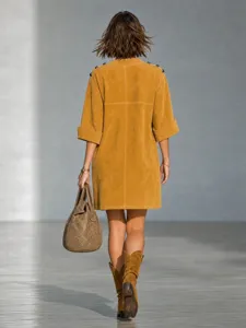Women vintage suede shoulder button long sleeve round neck mini dress for autumn.