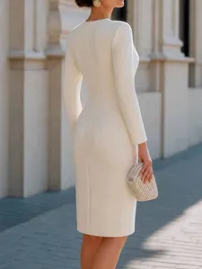 Elegant off-white long sleeve midi dress featuring a slim waist-cinching professional design.