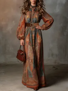 Bohemian print long sleeve maxi dress with belt, perfect for autumn holiday and casual wear.