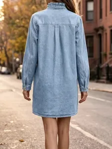 Light blue ruffle stand collar long sleeve denim shirt dress for women, casual short style.