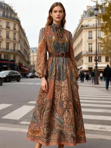 Bohemian floral long sleeve maxi dress with belt, perfect for autumn vacation and ethnic daily wear.