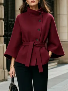 Women Solid Color Wool Coat Long Sleeve Lapel Belted Elegant Winter Warm Outerwear