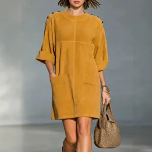 Women Retro Suede Mini Dress Round Neck 3/4 Sleeve Solid Color Shoulder Button Pocket Vintage Elegant Autumn Winter Dress For Women Casual Daily