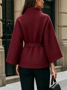 Solid color long sleeve waist belt woolen coat, elegant autumn winter outerwear for women.