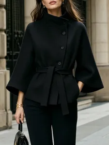 Black solid color long sleeve belted wool coat, elegant high neck design for women apparel.