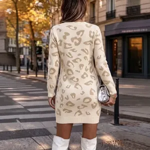 Chic leopard print V-neck knit sweater dress for women, long sleeve bodycon mini dress.