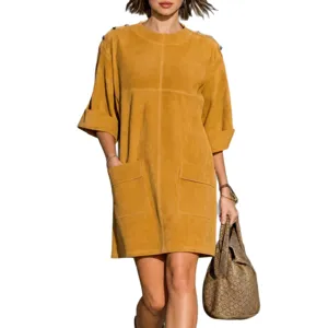 Retro suede mini dress for women featuring shoulder buttons, round neck, and half sleeves.