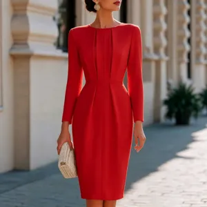 Elegant solid red long sleeve pleated midi dress for women, chic slim fit office wear.