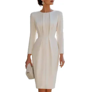 Elegant off-white long sleeve midi dress with chic front pleats for women chic commute wear