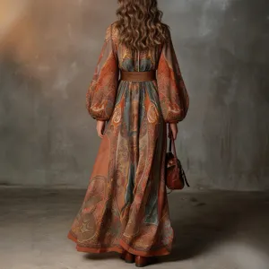 Bohemian long sleeve print maxi dress with belt, perfect for autumn holiday beach wear.