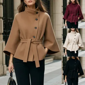 Women Elegant Stand Collar Diagonal Button Woolen Coat Flared Sleeve Belted Slim Waist Commuter Autumn Outerwear Jacket