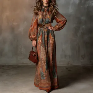 Autumn long-sleeve boho maxi dress with belt, ethnic style plus-size beach vacation dress for women.