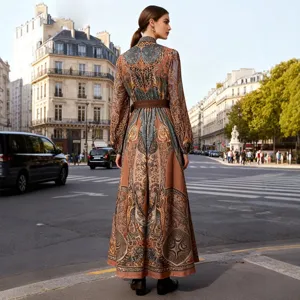 Bohemian print long sleeve maxi dress with belt for women casual autumn vacation beach wear.