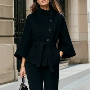 Women Black Stand Collar Asymmetric Button Flared Sleeve Belted Wool Coat Main View