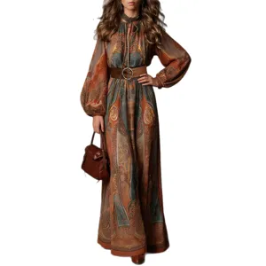 Bohemian floral long sleeve maxi dress with belt, perfect autumn ethnic casual elegant gown.