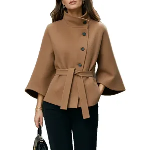 Elegant Women Camel Woolen Coat Stand Collar Flared Sleeve Belted Chic Jacket