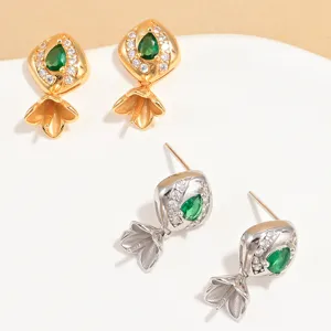 925 Sterling Silver Rhinestone Rhombus Flower Bud Earring Post Findings Micro-Pave Green Stone DIY Jewelry Making Earring Base Components
