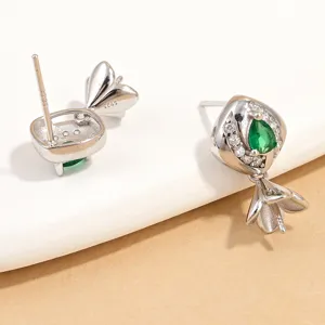 Close-up detail of S925 silver diamond-paved emerald teardrop rhombus flower bud earring finding.