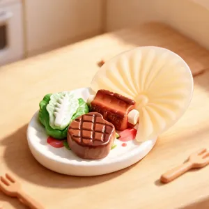 Mini resin food cabochons for DIY phone case decor, cute steak and chocolate charms.