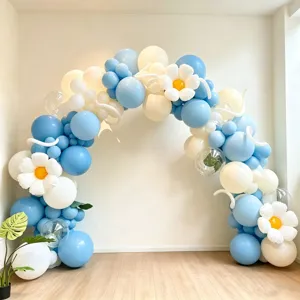 Blue and white balloon arch kit with daisy flower foil balloons for party and store decoration.