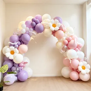 Pastel balloon arch kit with pink, purple and white balloons for party and wedding decor.