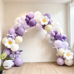 Purple and white balloon arch kit with daisy flowers, perfect for wedding, birthday, and party decor.