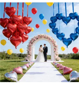 Romantische buitenhuwelijksopstelling versierd met rode en blauwe hartvormige folieballonnen.
