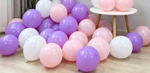 Thickened latex balloons set in purple, pink and white for romantic party and event decorations.
