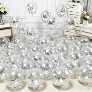 12 inch transparent latex balloons filled with silver confetti for wedding and party decoration.