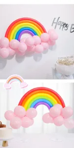 Rainbow long balloon arch kit for kids birthday party and children event scene decoration setup supplies.