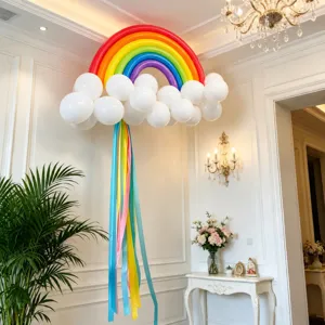 Rainbow balloon arch decoration set for kids birthday party, colorful balloon backdrop.
