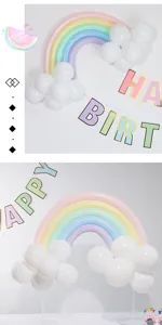 Rainbow strip balloons and white cloud balloon set with happy birthday banner for party decor.