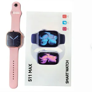 Detailed view of the S11 MAX square touchscreen smartwatch with pink silicone strap and box.