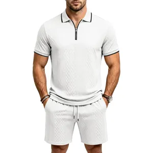 Textured jacquard white polo shirt and shorts set detail view for casual summer fashion wear.