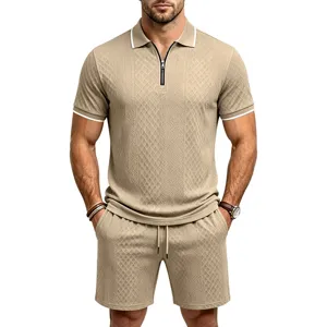 Men summer casual knit polo shirt and shorts two piece set khaki short sleeve zipper outfit