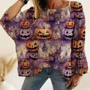 Detailed view of Halloween pumpkin print sweater, hollow out knit fabric, long batwing sleeves.