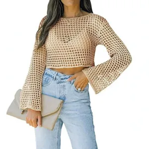 Jersey corto de punto calado con mangas largas y cuello redondo para mujer elegante