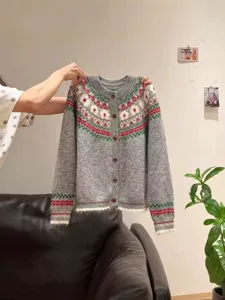 Women Vintage Ethnic Jacquard Knitted Cardigan Crew Neck Single-Breasted Long Sleeve Sweater Coat