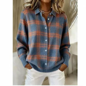 Detail view of the blue and orange plaid knitted sweater showing texture and lapel collar style.