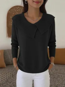 Classic black knitted sweater for women, featuring a stylish wide lapel collar and long sleeves.