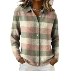 Women's plaid knitted cardigan sweater, vintage lapel long sleeve button down top.