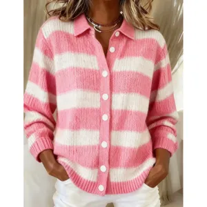 Detailed view of the pink and white striped knit cardigan featuring front buttons and collar.