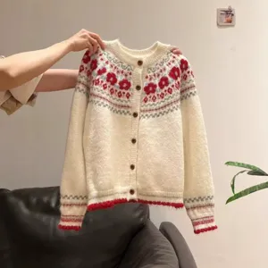 Women Vintage Floral Jacquard Knitted Cardigan Sweater Ethnic Style Casual Winter Outerwear
