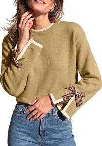 Khaki women crewneck knitted sweater with contrast white cuffs and chic leopard print bows.