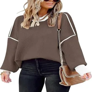 Women crewneck lantern sleeve sweater casual loose knit pullover top with contrast trim.
