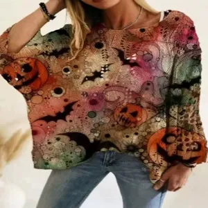 Women's Halloween Pumpkin Bat Print Off-Shoulder Hollow Long Sleeve Casual Sweater